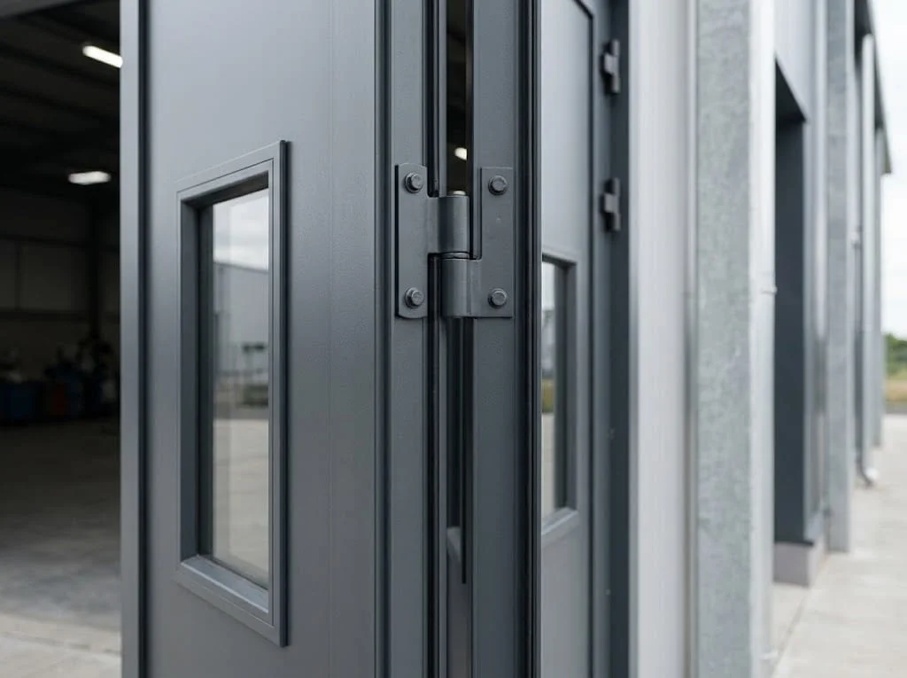 Internal steel doors with the hinges and handle visible.