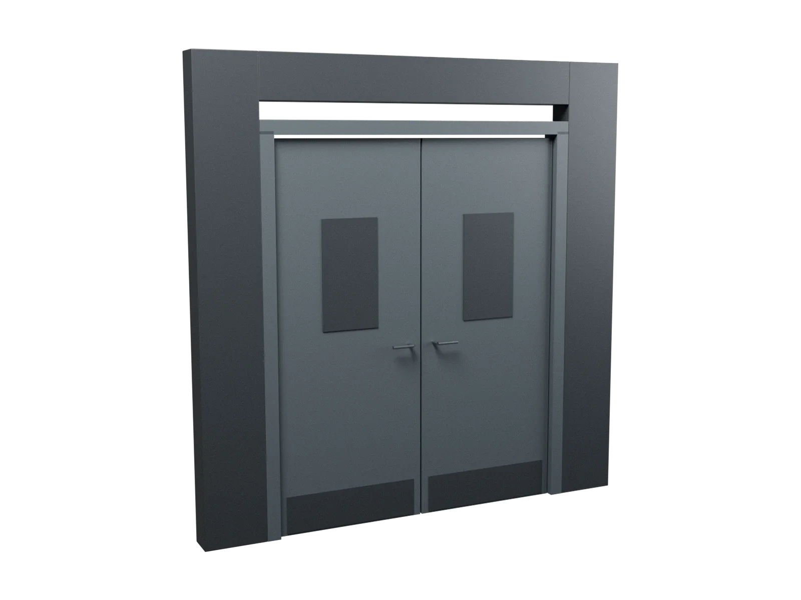 Illustration of a double steel door with small vision panels in a wall opening.