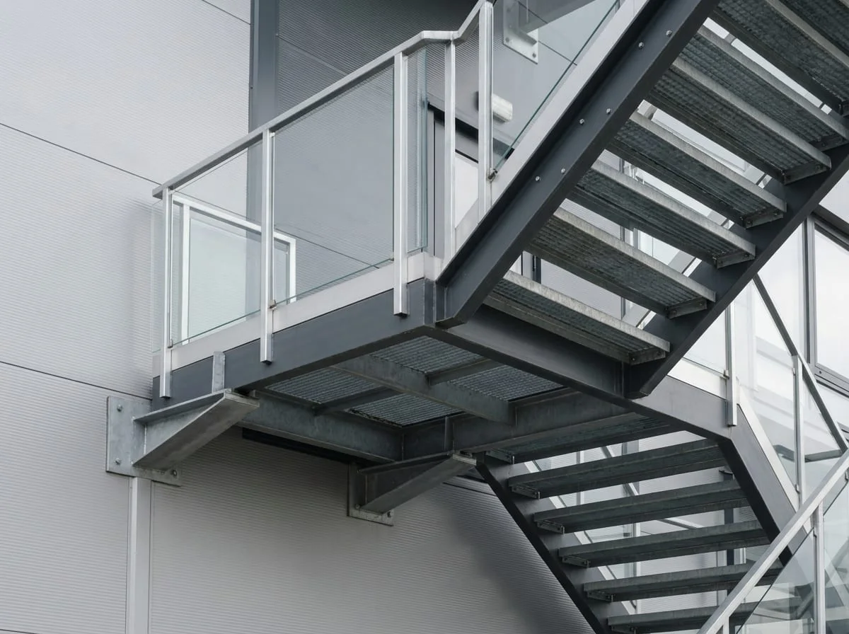 An emergency stair seen from below, with stringers and steel treads.