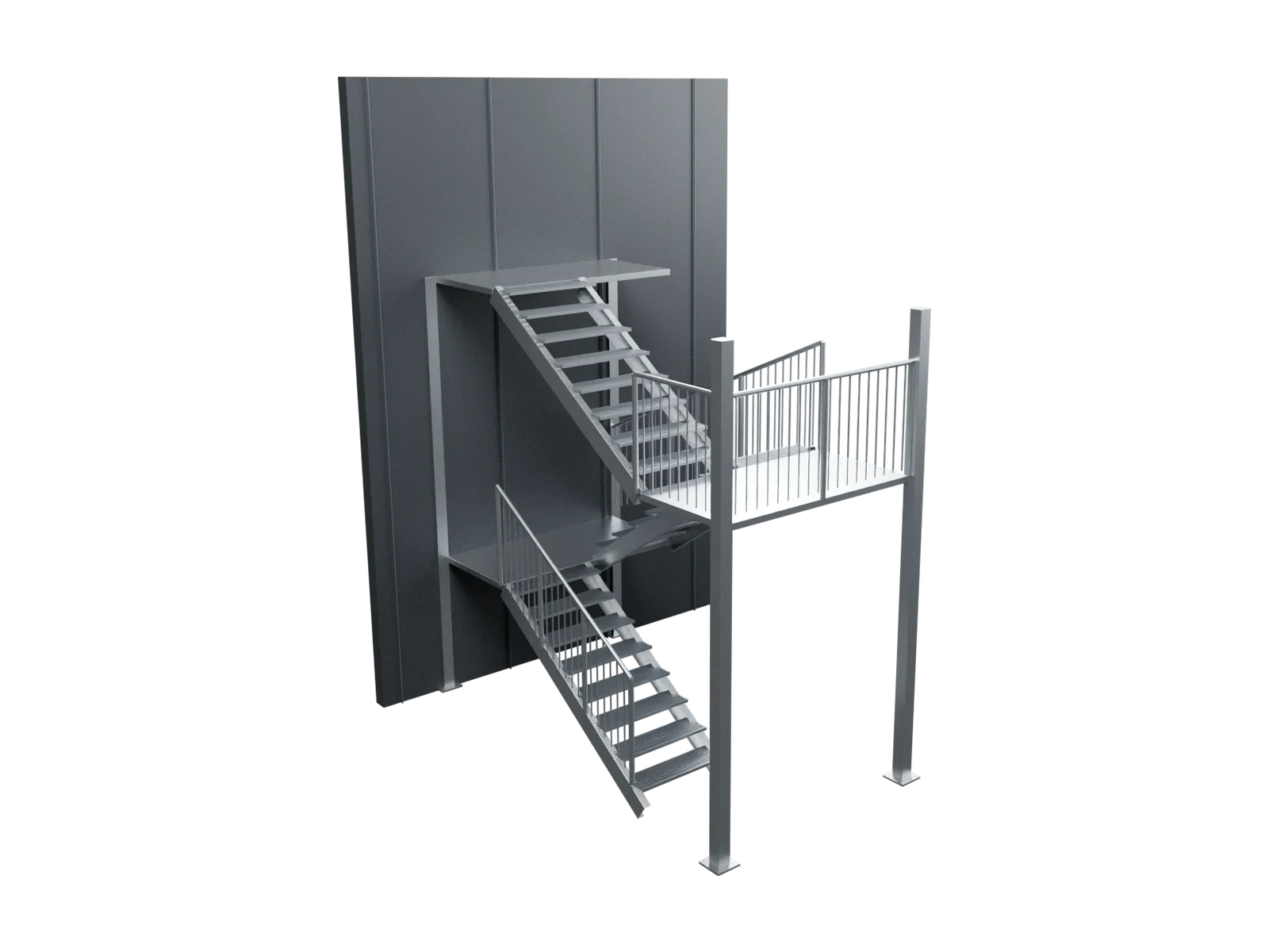 Illustration of an emergency stair with two flights and a landing against a building wall.