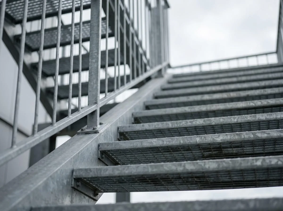 Detail of an external stair with grating treads and handrail.