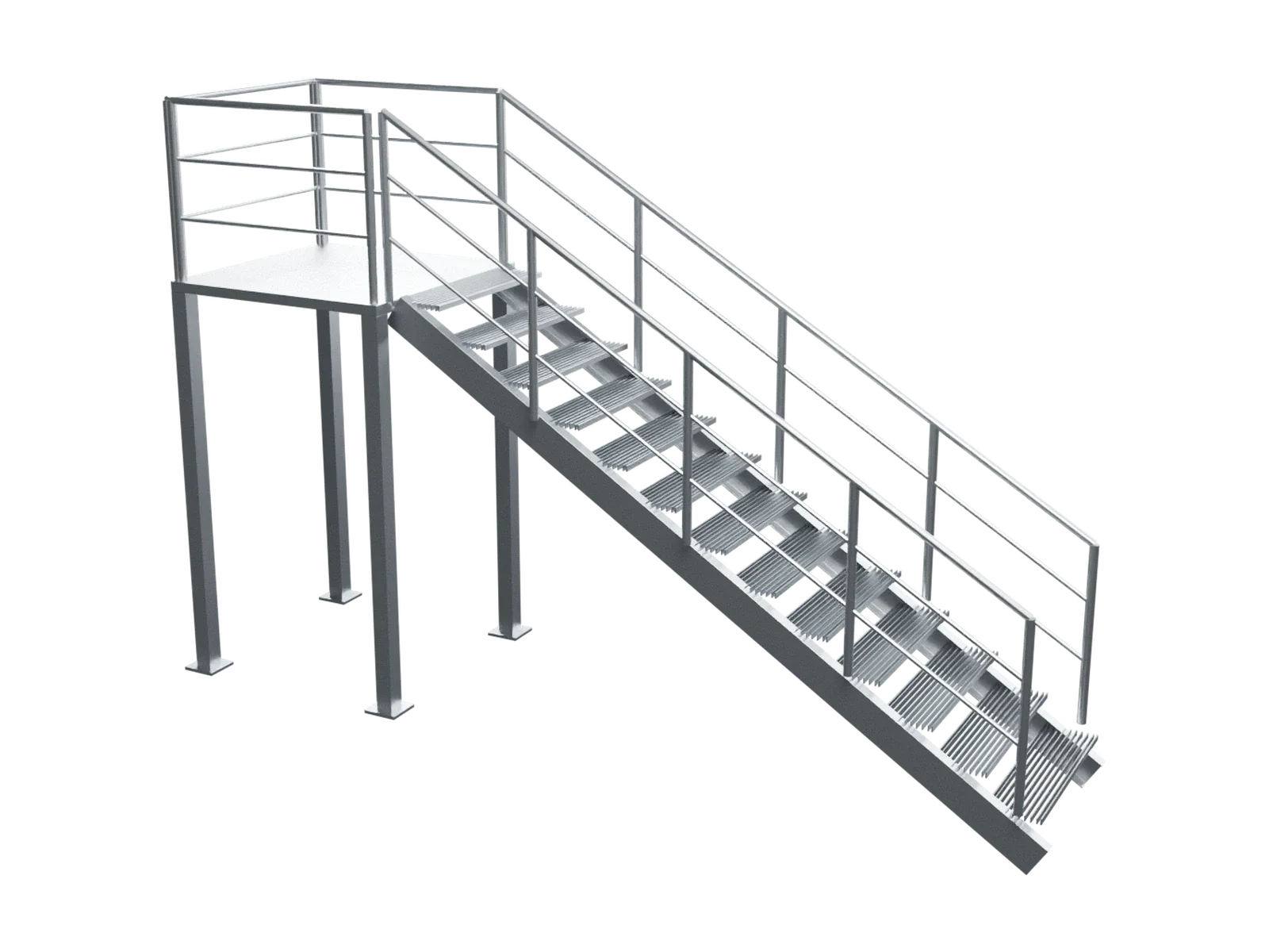 Illustration of an external steel stair with grating treads, handrails and a landing on posts.