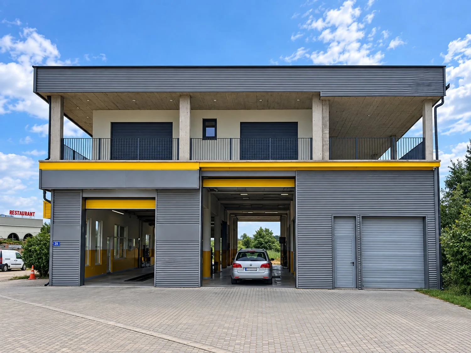 A completed building with its façade and industrial entrance doors.