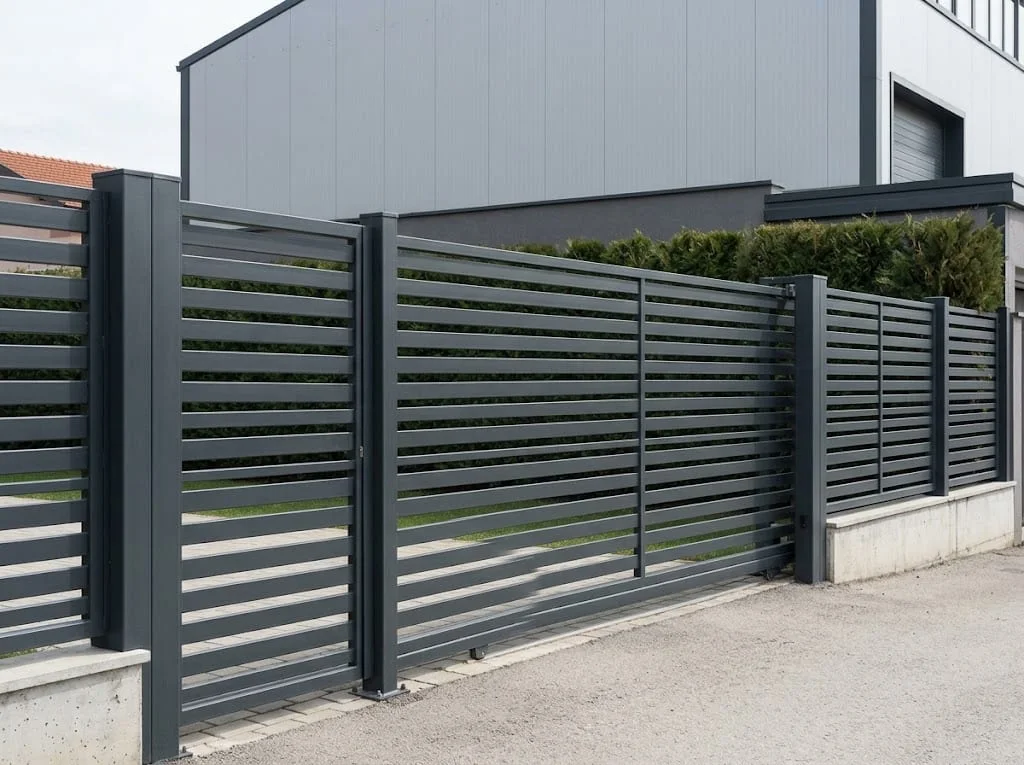 A slatted fence with a sliding gate at a modern house.