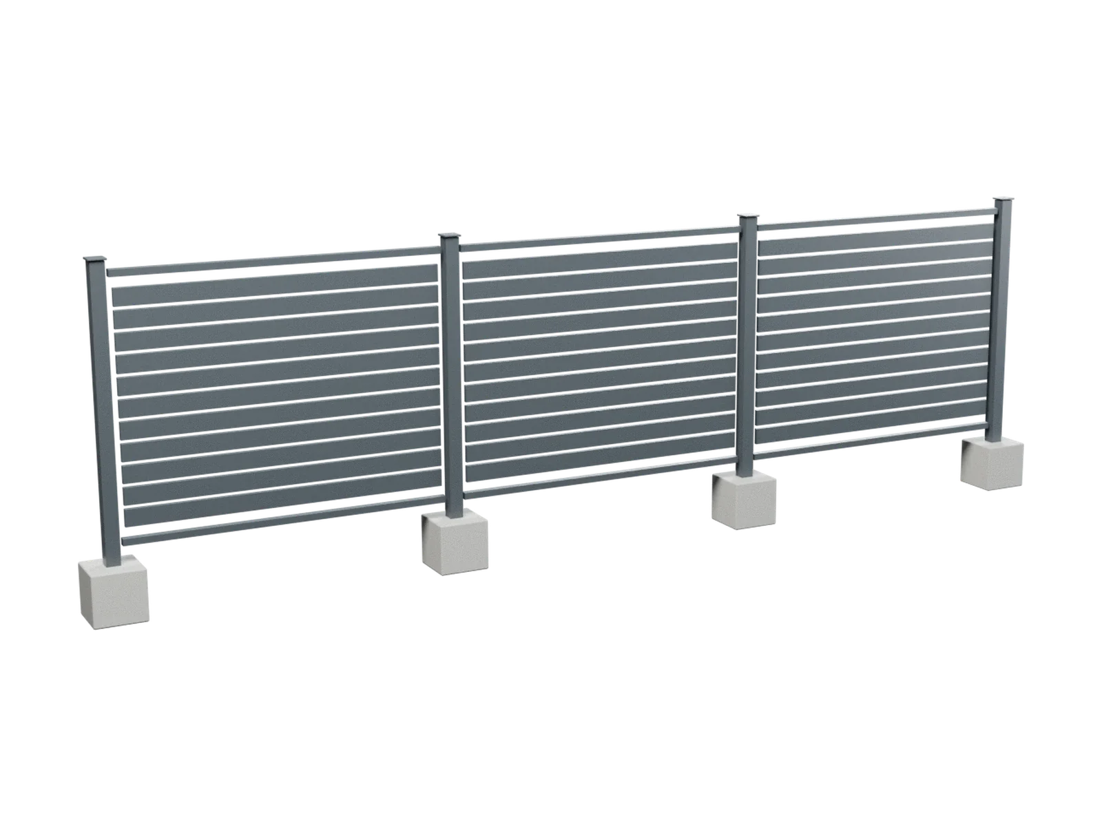 Illustration of a steel fence with horizontal slats between posts.