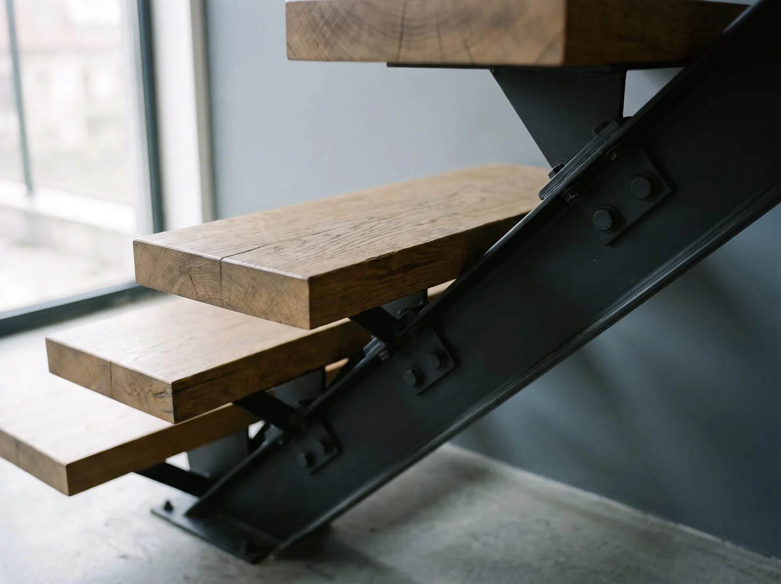 Detail of an internal stair where the wooden tread meets the steel stringer.