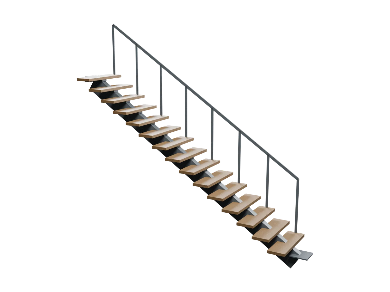 Illustration of an internal stair with wooden treads on a steel stringer and a slim handrail.
