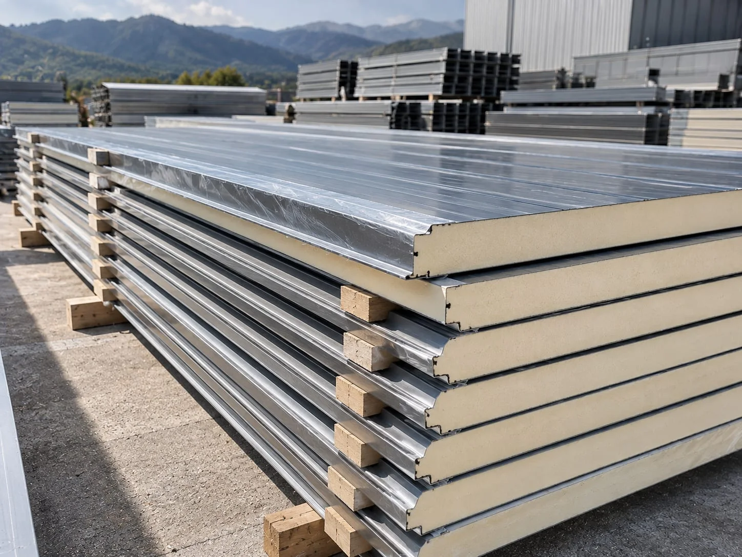 Sandwich panels stacked on timber bearers, with the insulating core visible.