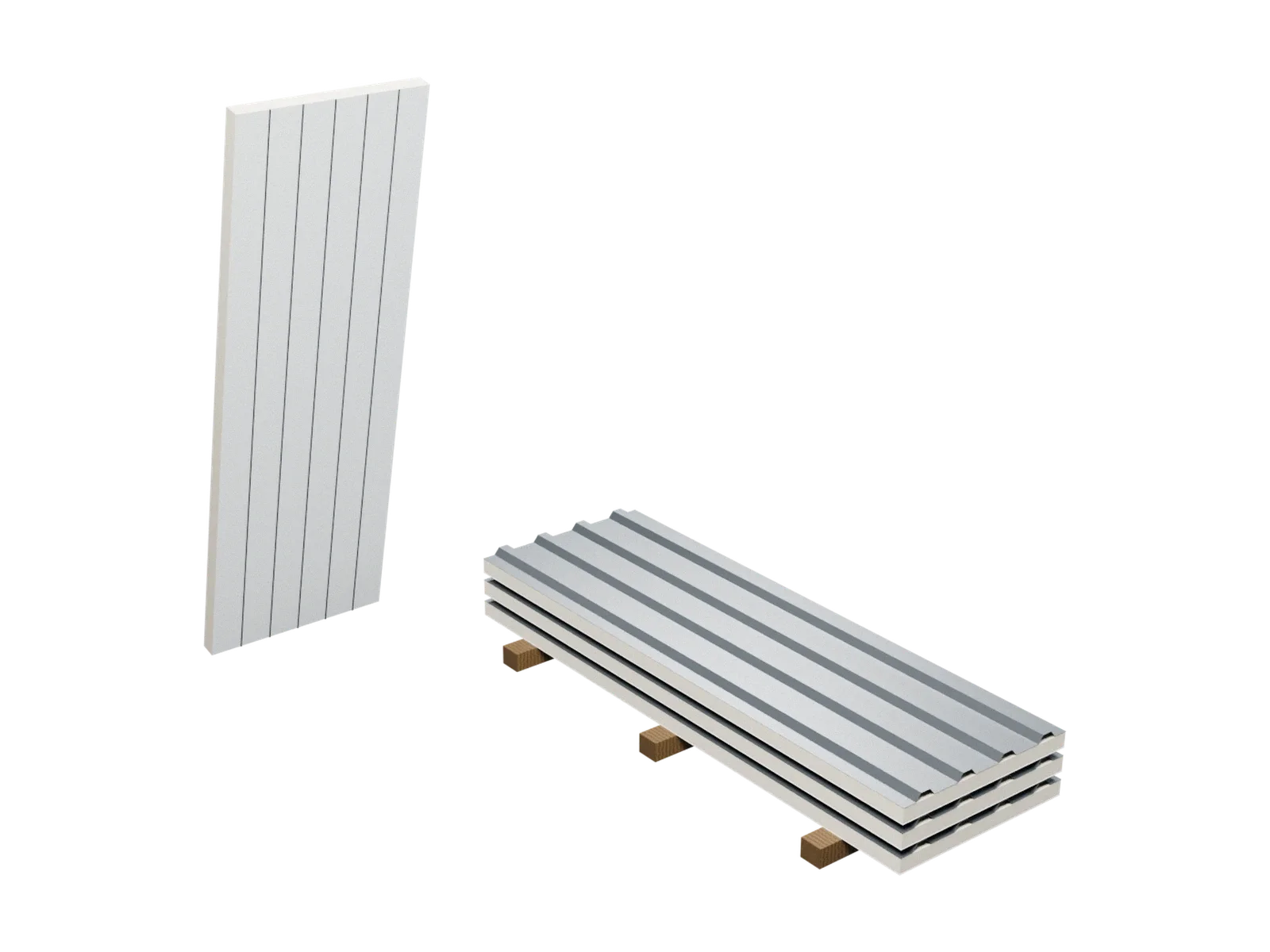 Illustration of a stack of roof panels on timber bearers beside an upright wall panel.