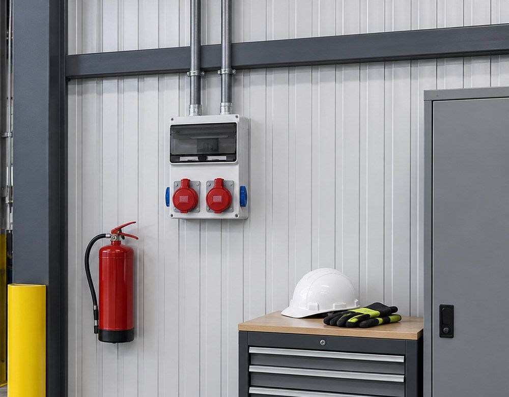 Eine aufgeräumte Werkstattwand: Stromverteiler, Feuerlöscher sowie Schutzhelm und Handschuhe auf einem Werkzeugschrank.