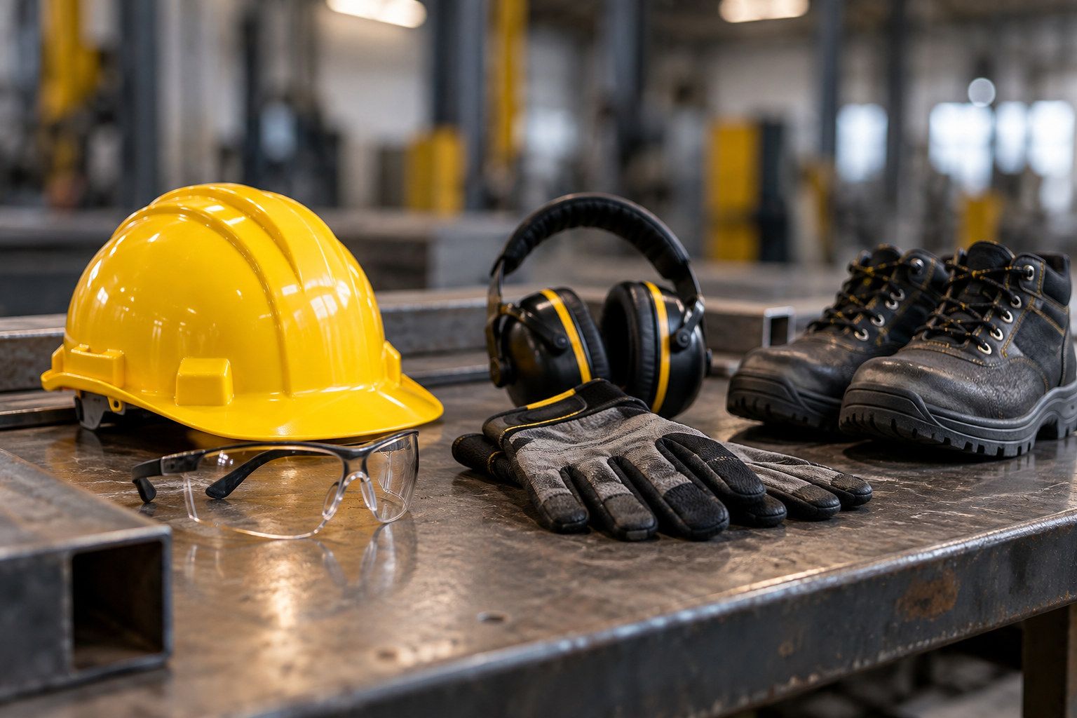 Schutzhelm, Schutzbrille, Gehörschutz, Handschuhe und Sicherheitsschuhe auf einer Stahlwerkbank in der Werkstatt.