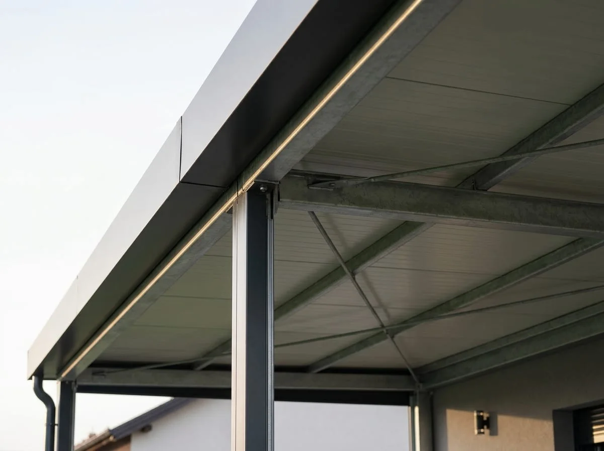 The underside of a veranda, with roofing and a concealed gutter.