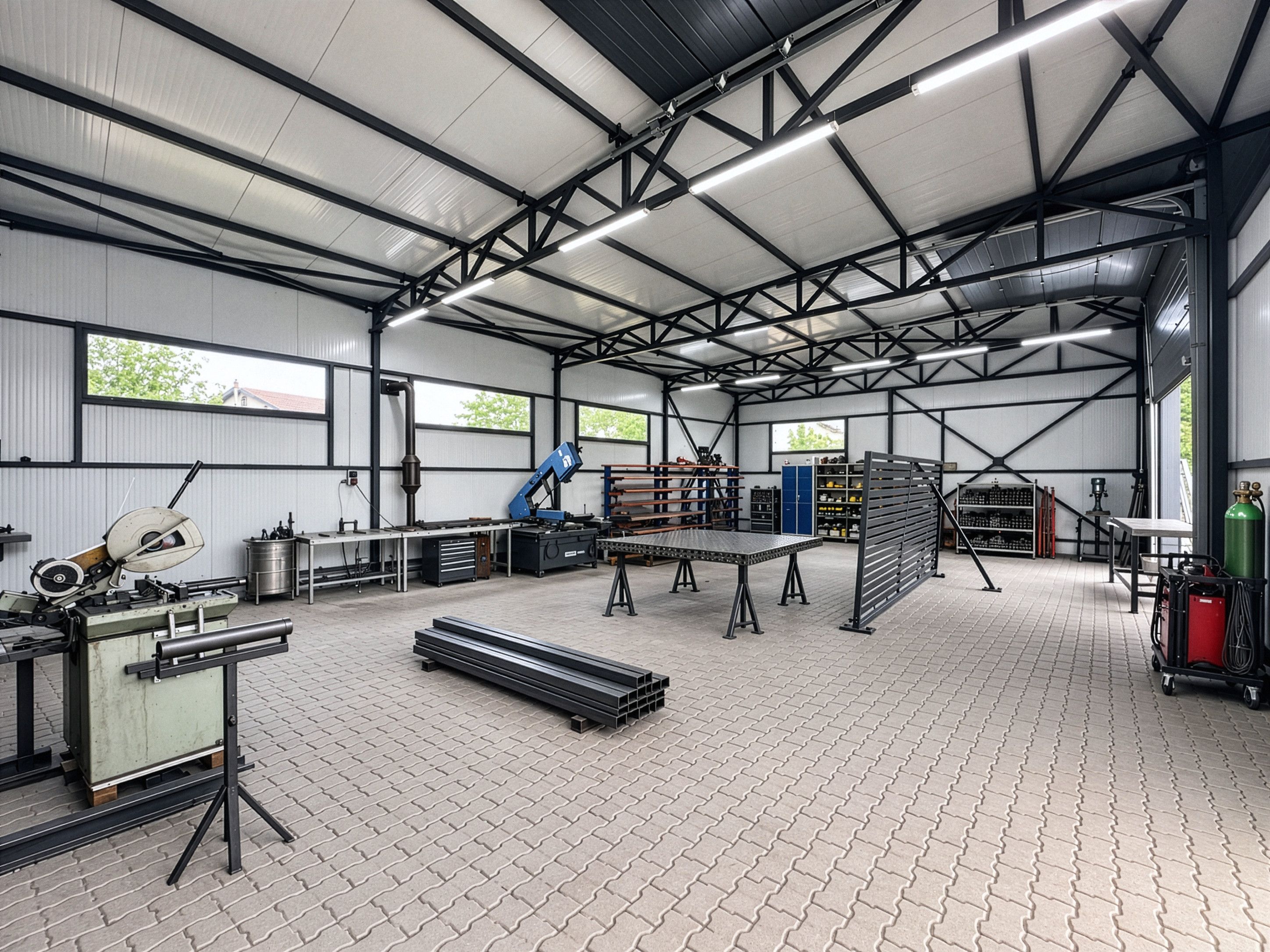 In der Werkstatt: Schweißtisch, Bandsäge, Regale mit Stahlprofilen und stählerne Dachbinder darüber.